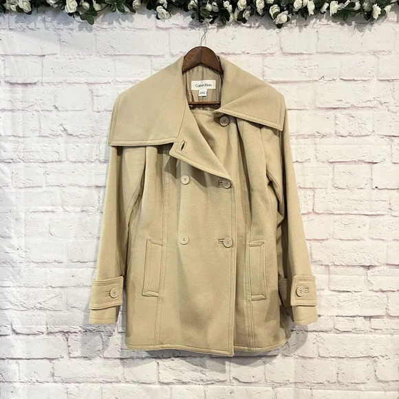 Calvin Klein Jacket Size 8 Double Breasted Wool Blend Beige Coat Jacket - Picture 1 of 12